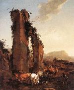 BERCHEM, Nicolaes Peasants with Cattle by a Ruined Aqueduct China oil painting reproduction